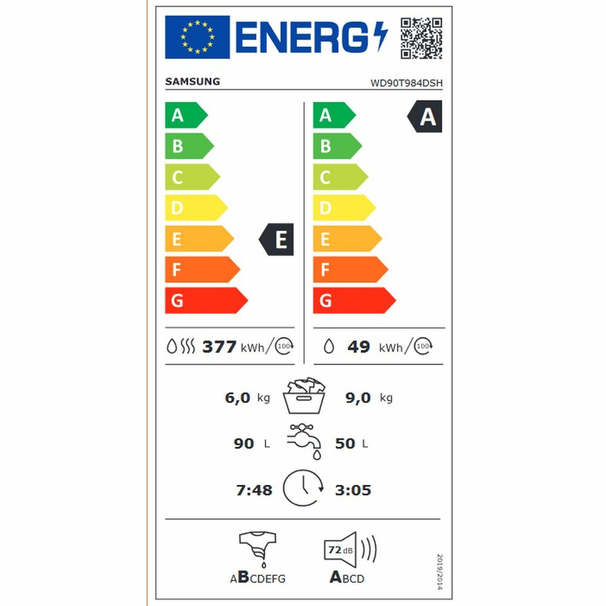 Lave-linge séchant Samsung WD90T984DSH/S3 9 kg / 6 kg Blanc 1400 tr/min Opération réussie