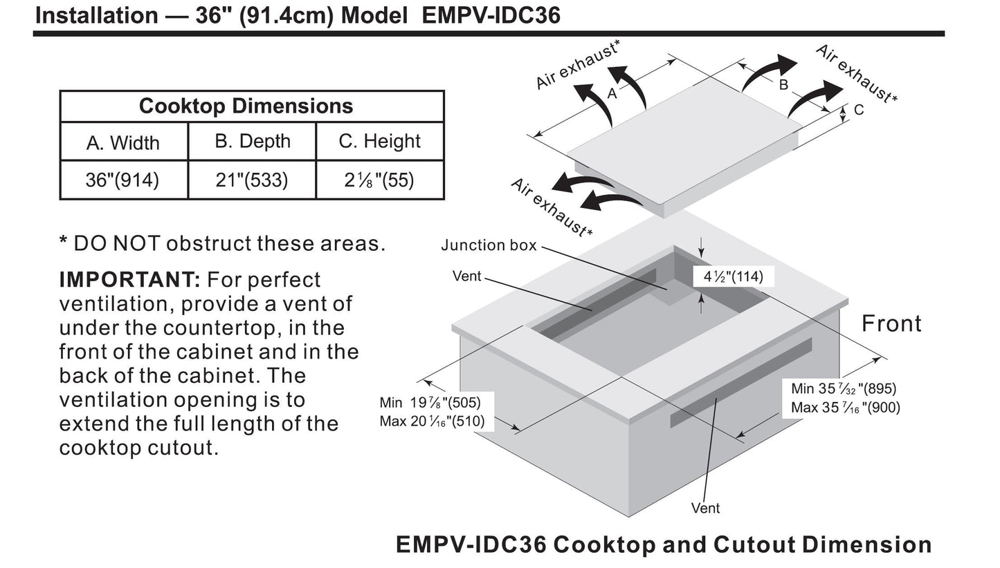 Table de cuisson à induction Empava IDC36 de 36 po de largeur x 21 po de profondeur